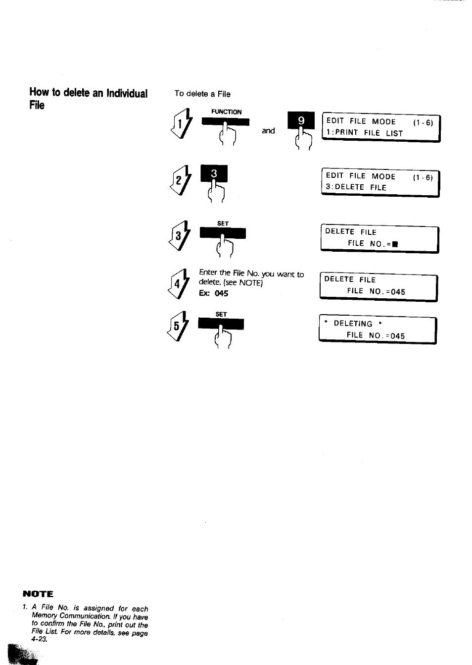 How to delete an individual fite, To delete a file, Enter the file no. you want to j4/ note) | J ex: 045, How to delete an individual file -27 | Panasonic Panafax UF-650 User Manual | Page 78 / 154