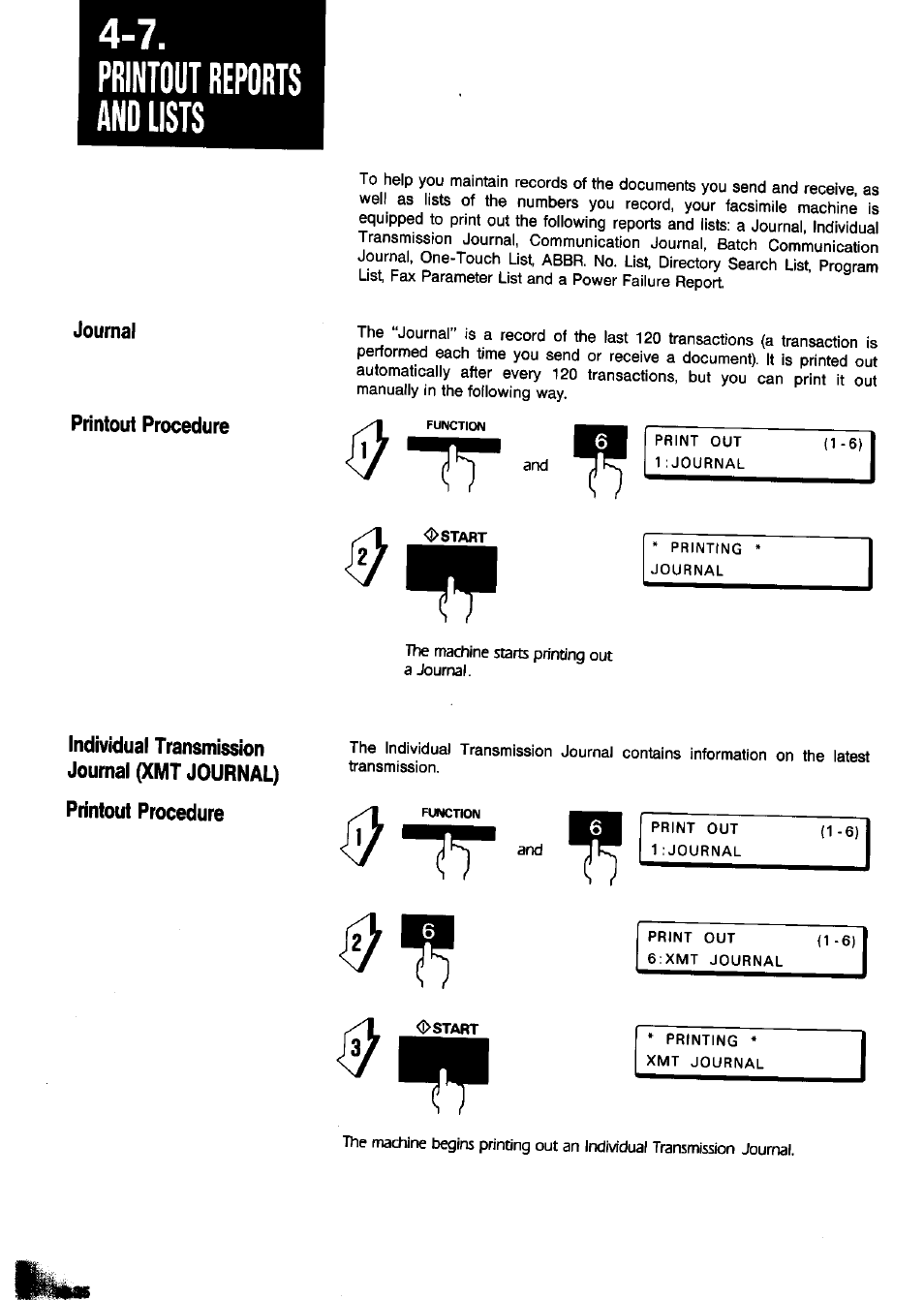 Printout reports and lists, Printout procedure, Individual transmission journal (xmt journal) | 7. printout reports and lists -35, Individual transmission journal (xmt journal) -35 | Panasonic Panafax UF-650 User Manual | Page 86 / 154