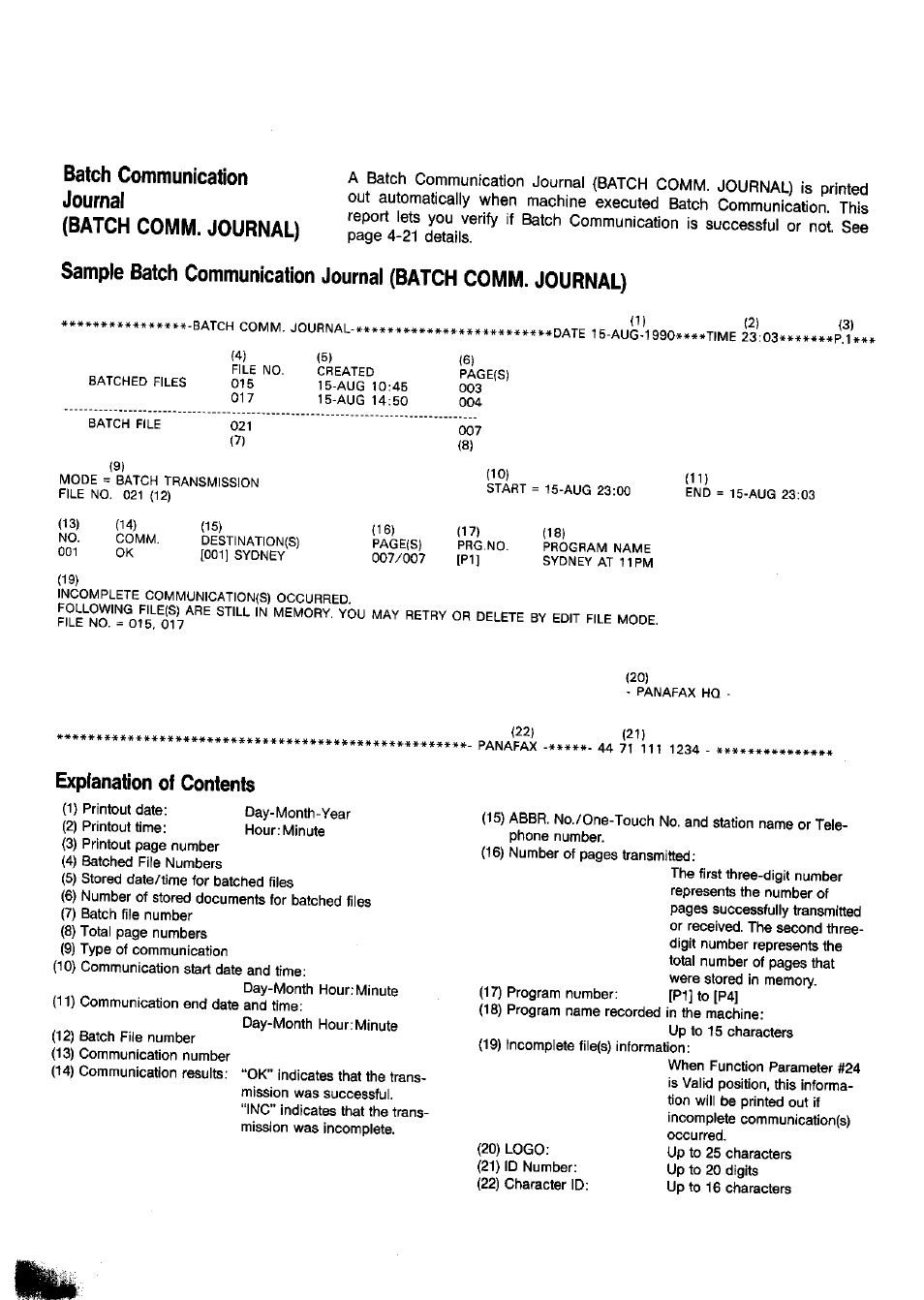 Explanation of contents, Batch communication journai (batch comm. journal) | Panasonic Panafax UF-650 User Manual | Page 90 / 154