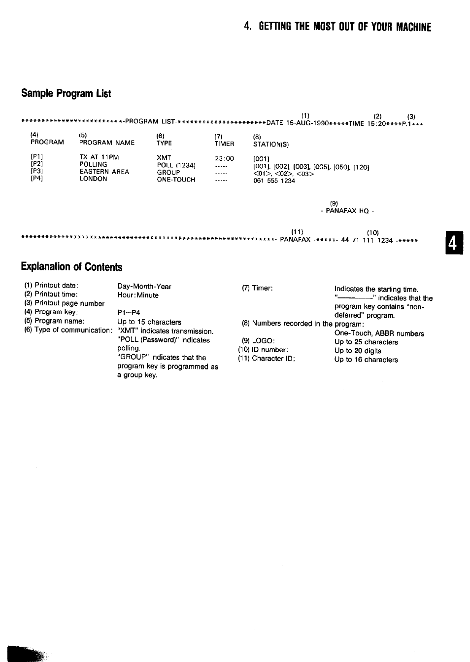 Sample program list, Explanation of contents, Gehing the most out of your machine | Panasonic Panafax UF-650 User Manual | Page 95 / 154