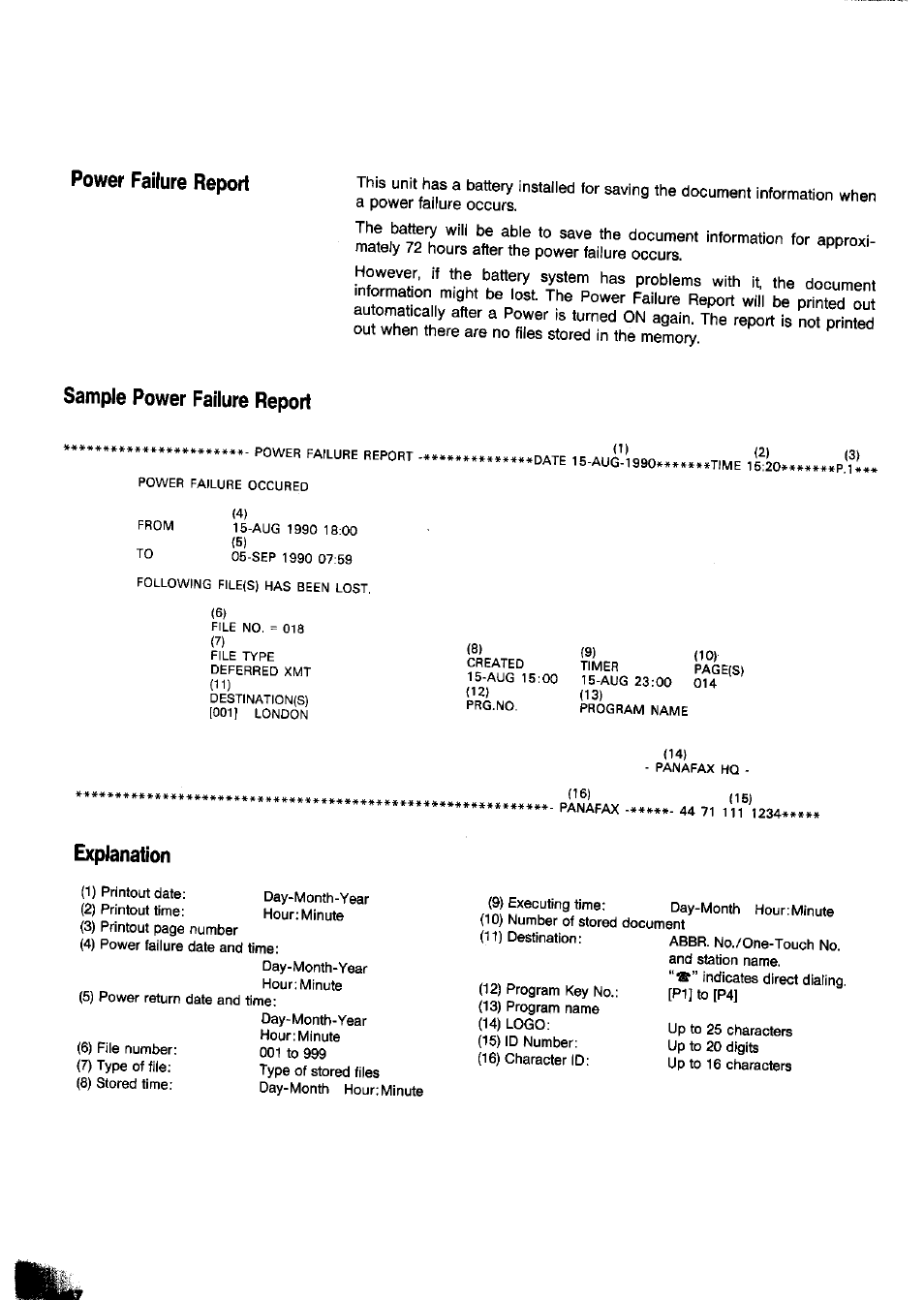 Sample power failure report, Explanation, Power failure report -47 | Power failure report | Panasonic Panafax UF-650 User Manual | Page 98 / 154