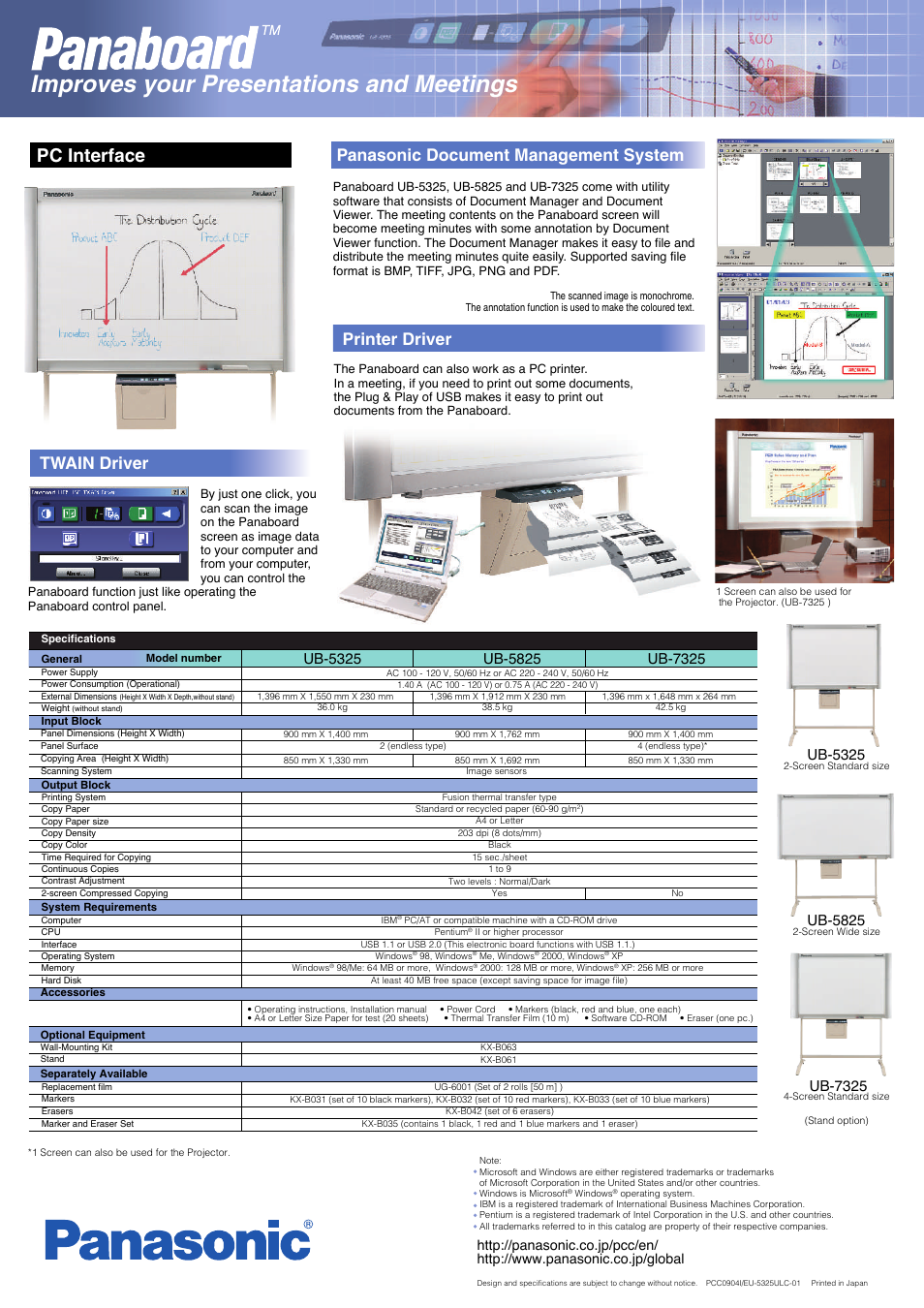 Improves your presentations and meetings, Pc interface, Twain driver | Printer driver, Panasonic document management system | Panasonic UB-5825 User Manual | Page 2 / 2