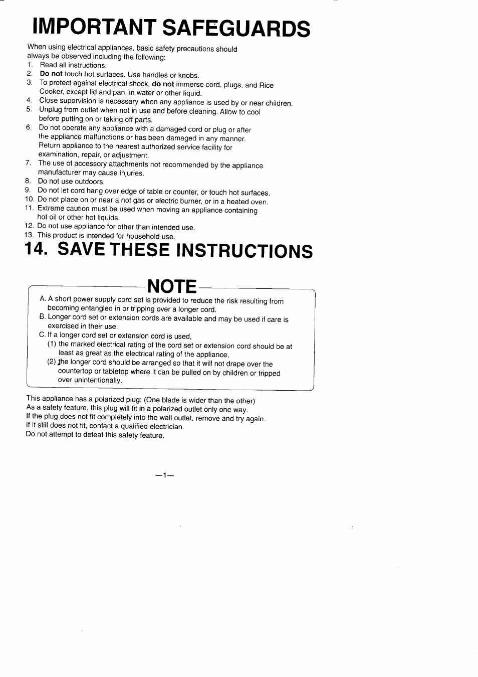 Save these instructions, Note, Important safeguards | Panasonic Rice Cooker/Steamer SR-42HP/42F User Manual | Page 2 / 16