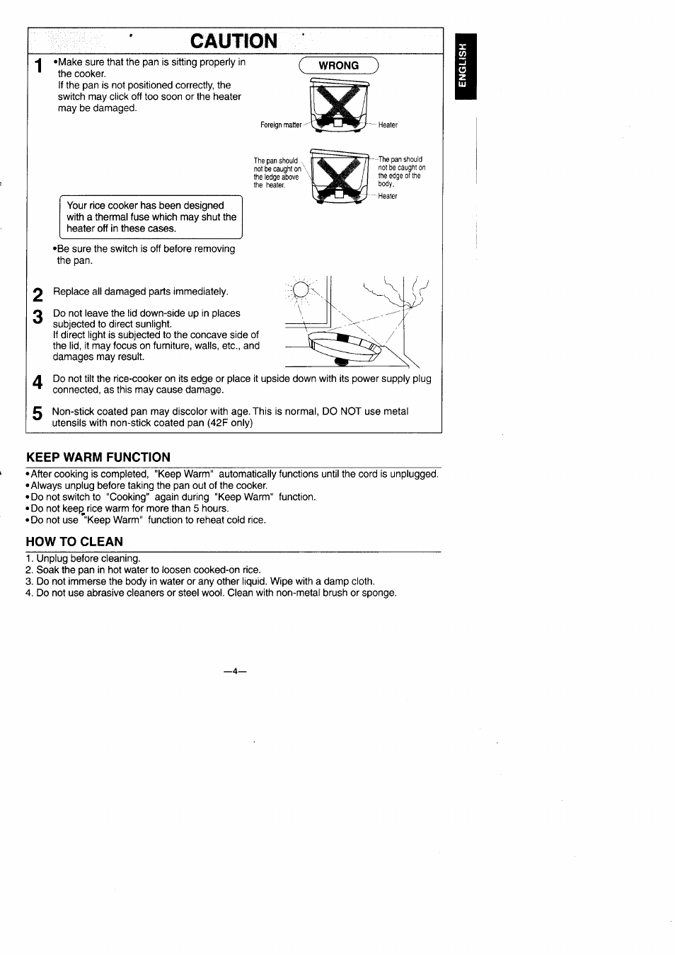 Caution, Keep warm function, How to clean | Caution 1 | Panasonic Rice Cooker/Steamer SR-42HP/42F User Manual | Page 5 / 16