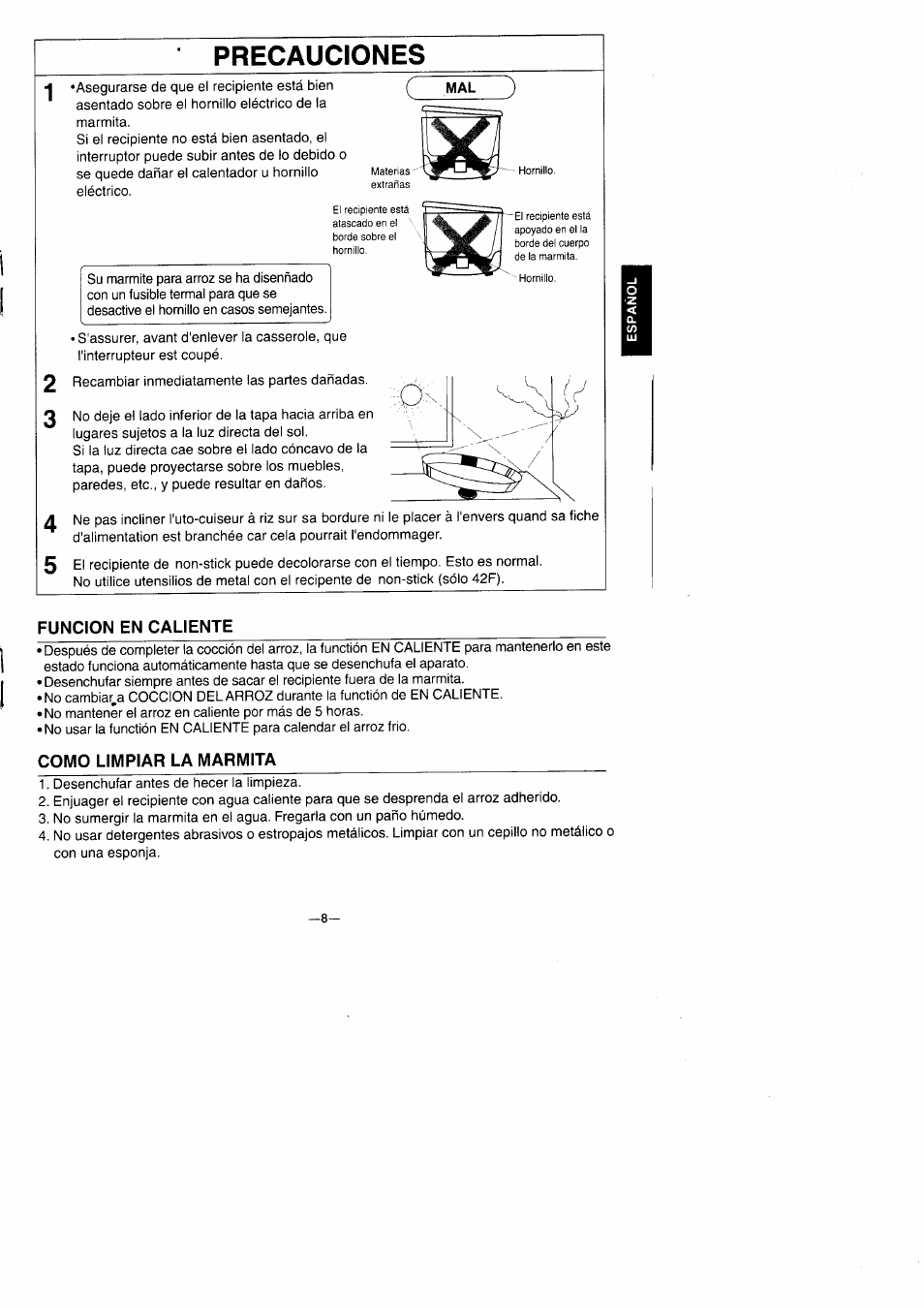 Funcion en caliente, Como limpiar la marmita, Precauciones | Panasonic Rice Cooker/Steamer SR-42HP/42F User Manual | Page 9 / 16