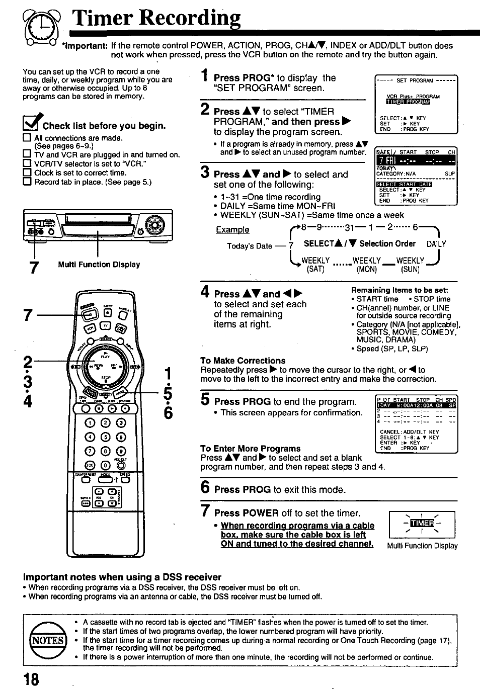1 press prog* to display the “set program” screen, To display the program screen, 5 press prog to end the program | Press prog to exit this mode, Press power off to set the timer, De12, Timer recording | Panasonic OMNIVISION PV-8661 User Manual | Page 18 / 40