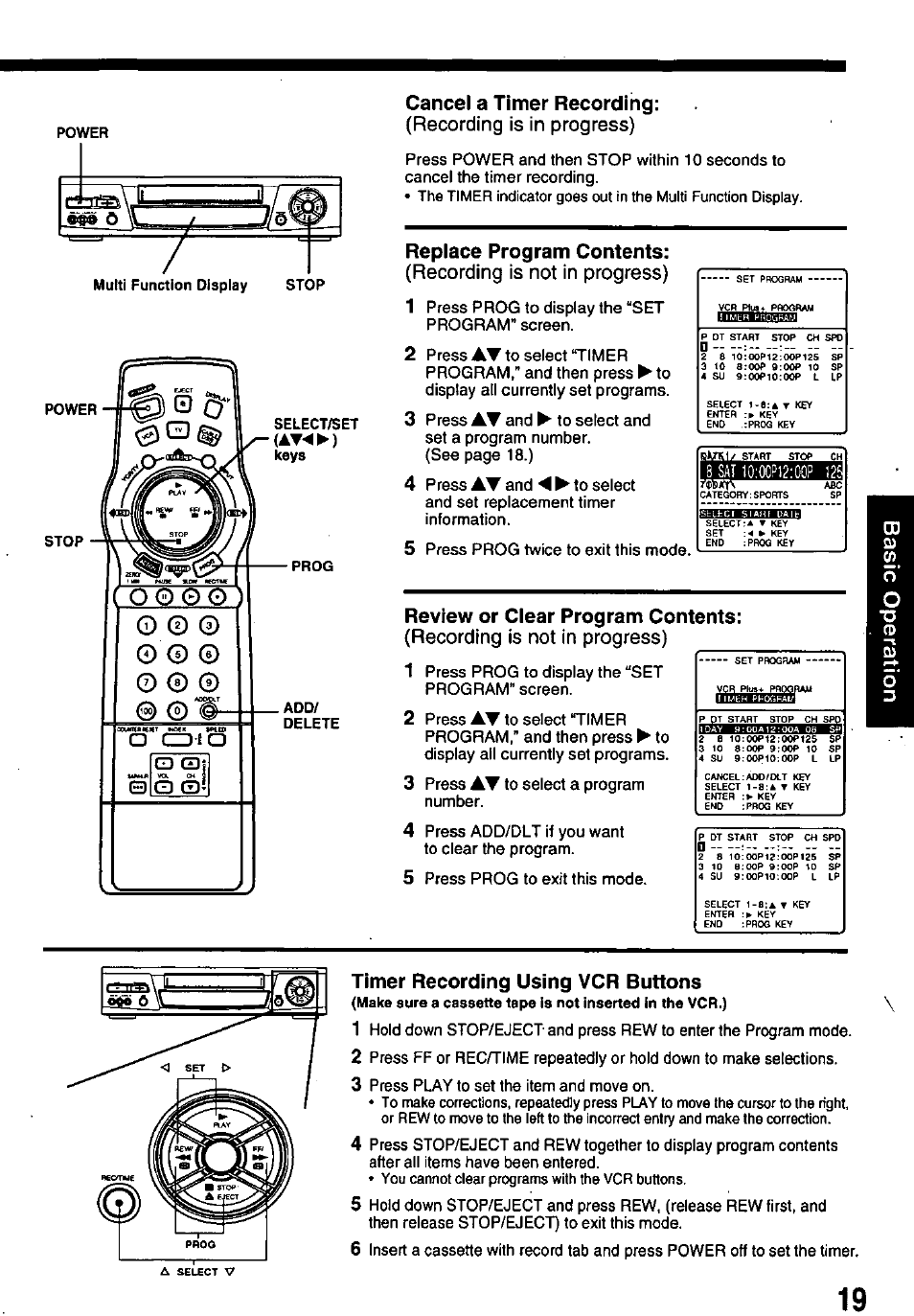 Cancel a timer recording, Replace program contents, Review or clear program contents | Timer recording using vcr buttons | Panasonic OMNIVISION PV-8661 User Manual | Page 19 / 40