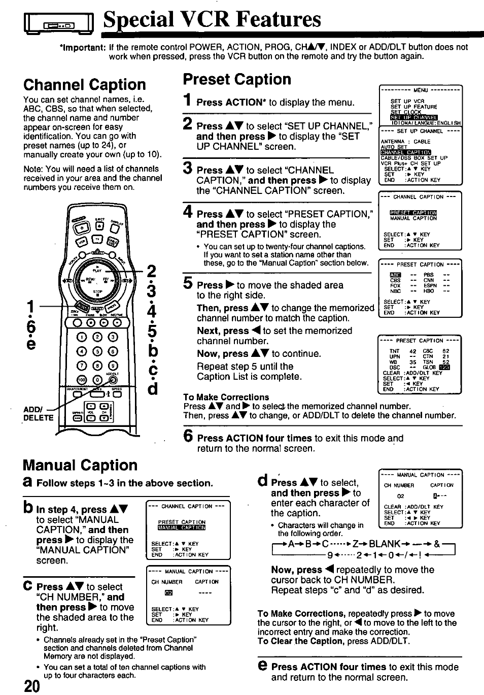 Channel caption, Preset caption 1, Manual caption | Д| specia^^^^eatures | Panasonic OMNIVISION PV-8661 User Manual | Page 20 / 40