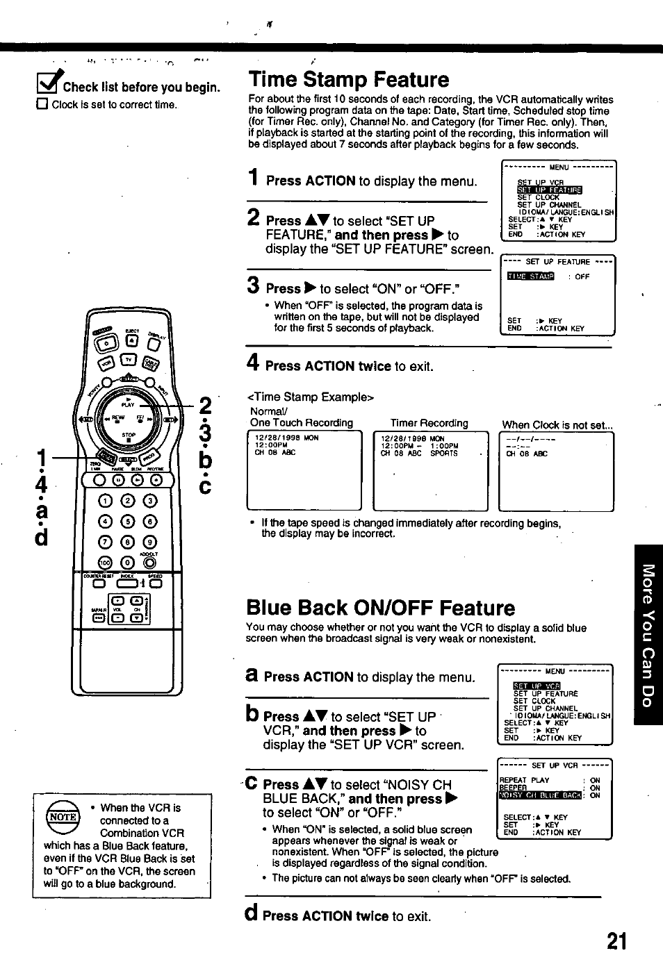 Press action to display the глепи, 3 press ► to select “on" or “off, Э press action to display the menu | Display the “set up vcr” screen, Busadsi, Press aw to select “noisy ch, To select “on” or “off, Time stamp feature, Blue back on/off feature, O0oo) | Panasonic OMNIVISION PV-8661 User Manual | Page 21 / 40