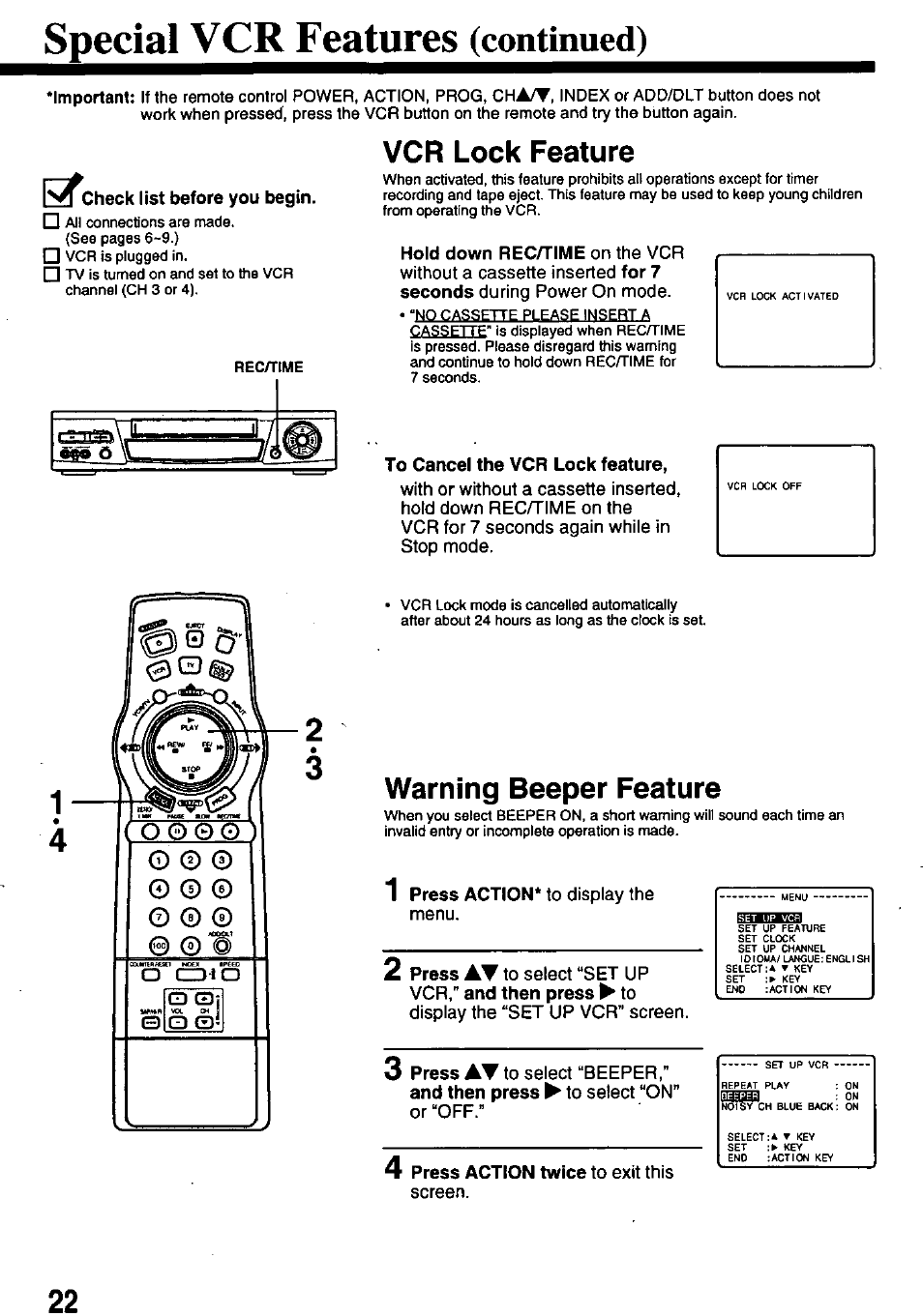 Special vcr features (continued), Special, Features | Continued), Vcr lock feature, Warning beeper feature, O 0 0 o, О с э ю | Panasonic OMNIVISION PV-8661 User Manual | Page 22 / 40