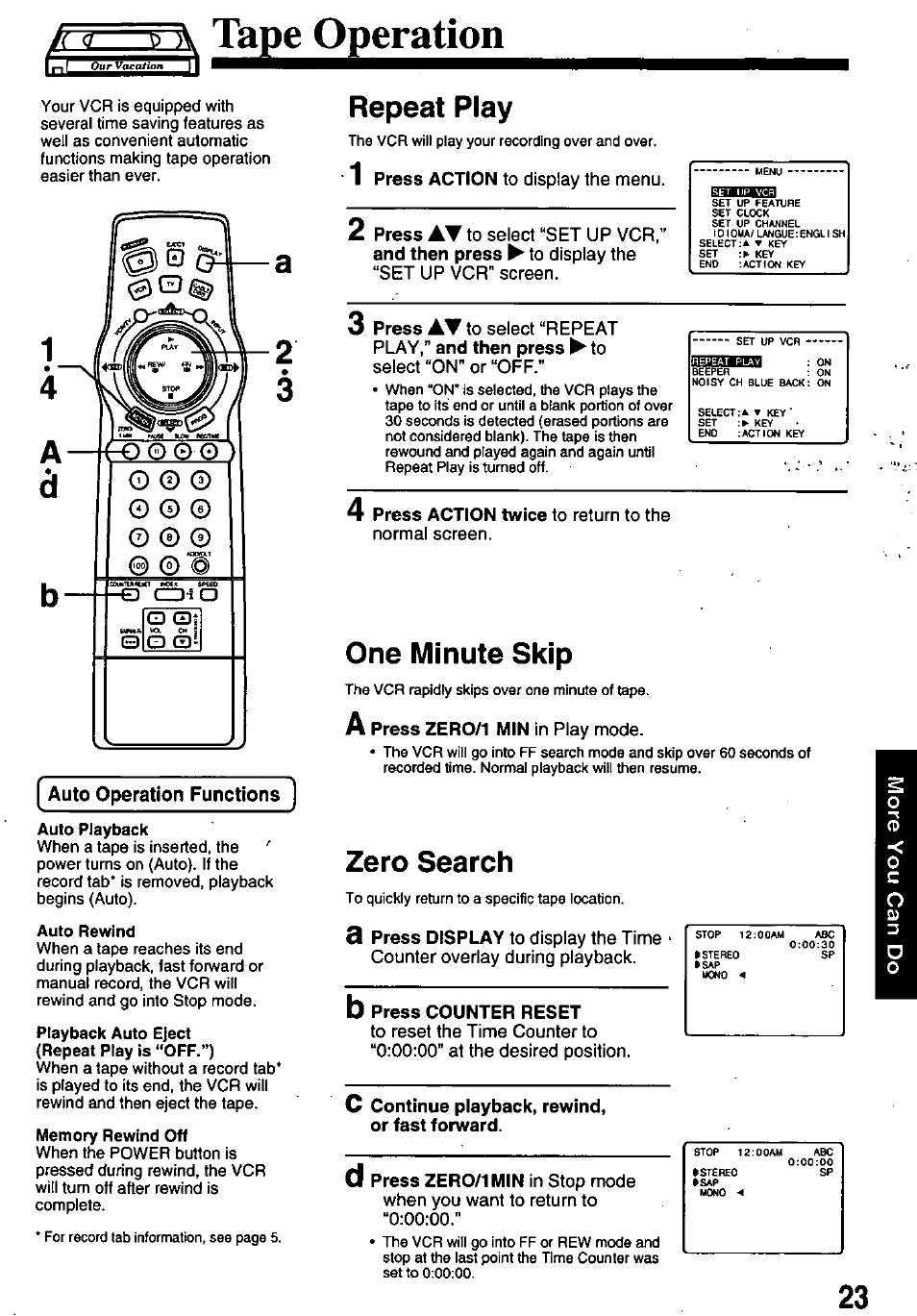 Auto operation functions, Press action to display the menu, Hinarai | Press at to select “repeat, Select "on” or “off, Auto repeat function, А таре operation, Repeat play, Zero search, One minute skip | Panasonic OMNIVISION PV-8661 User Manual | Page 23 / 40