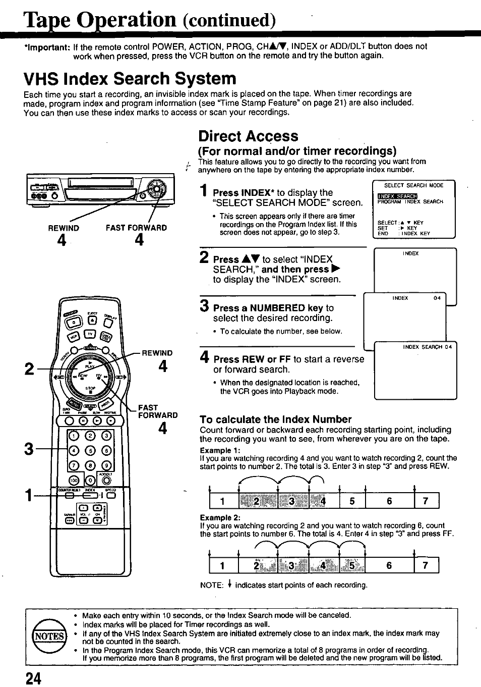 For normal and/or timer recordings), To display the “index” screen, Select the desired recording | To calculate the index number, Tape operation, Continued), Vms index search system, Direct access | Panasonic OMNIVISION PV-8661 User Manual | Page 24 / 40