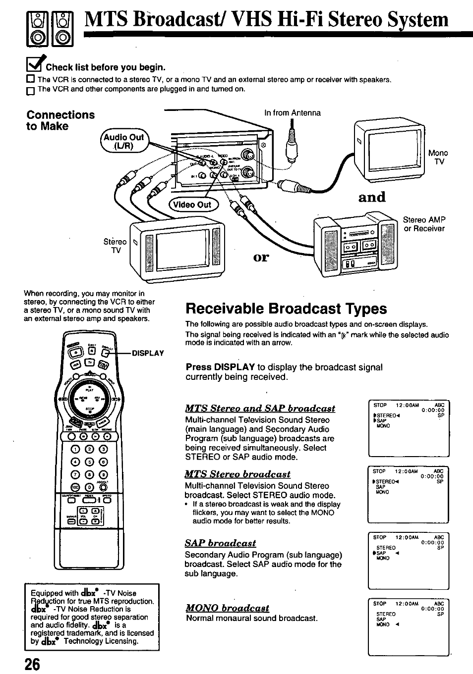 Connections to make, Wl mts broadcast/ vhs hi-fi stereo system, 3fq.,^q | Receivable broadcast types, 1^*»^check list before you begin, Press display, Mts stereo and sap broadctist, Mts stereo broadcast, Sap broadcast, Broadcast | Panasonic OMNIVISION PV-8661 User Manual | Page 26 / 40