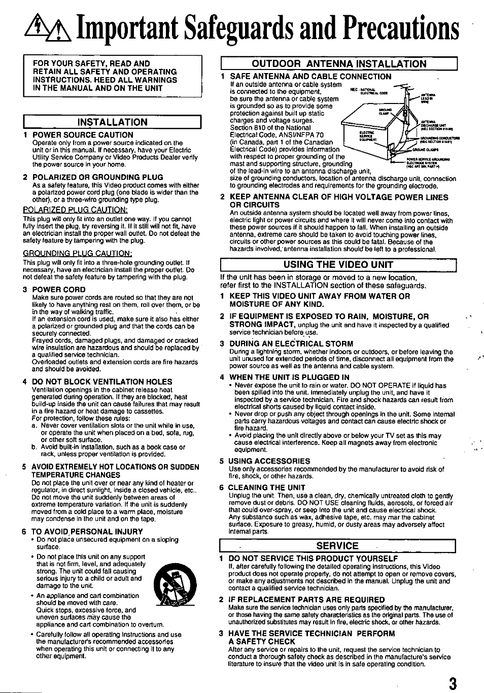 Important safeguards and precautions | Panasonic OMNIVISION PV-8661 User Manual | Page 3 / 40