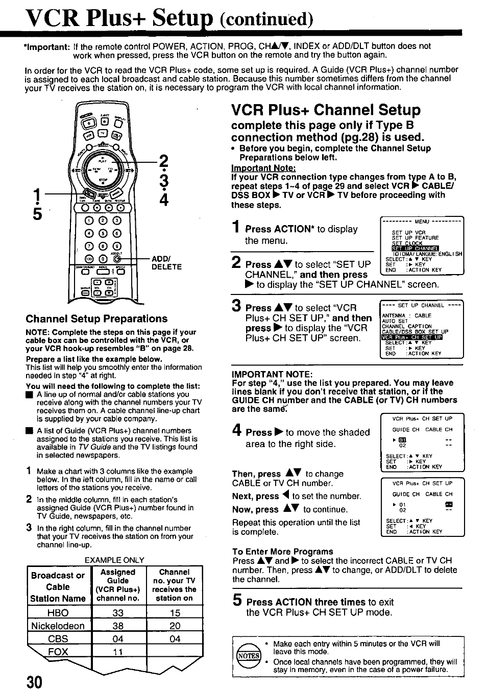 Channel setup preparations, Setup, Vcr p1us | Continufed), Vcr plus+ channel setup | Panasonic OMNIVISION PV-8661 User Manual | Page 30 / 40