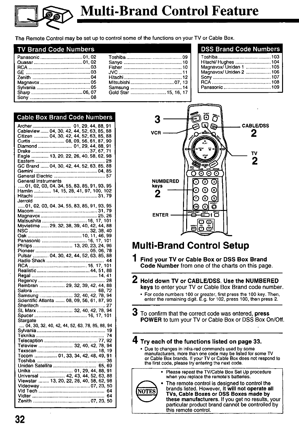 Multi-brand control feature, Multi-brand control setup 1 | Panasonic OMNIVISION PV-8661 User Manual | Page 32 / 40