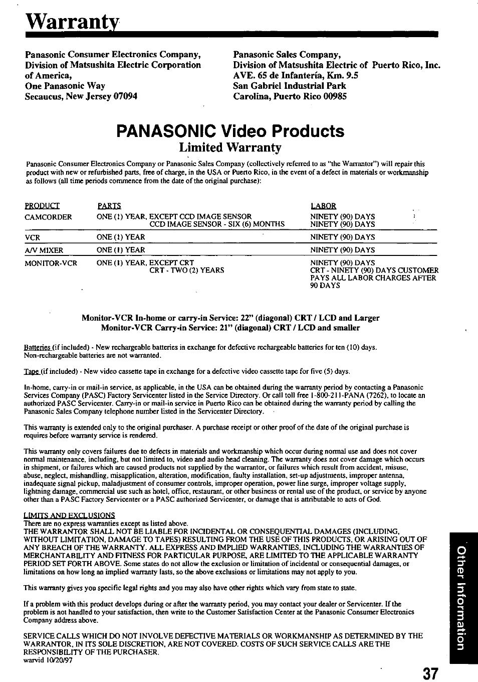 Panasonic sales company, Warranty, Panasonic video products | Limited warranty | Panasonic OMNIVISION PV-8661 User Manual | Page 37 / 40