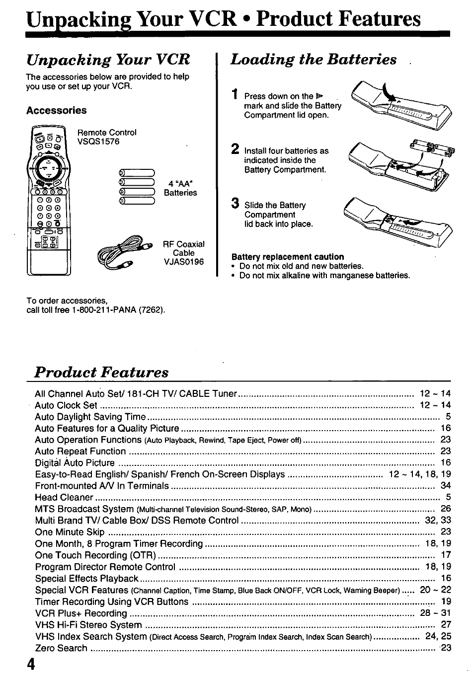 Unpackin^^du^vc^^produc^e, Accessories, Unpacking your vcr | Loading the batteries, Product features | Panasonic OMNIVISION PV-8661 User Manual | Page 4 / 40