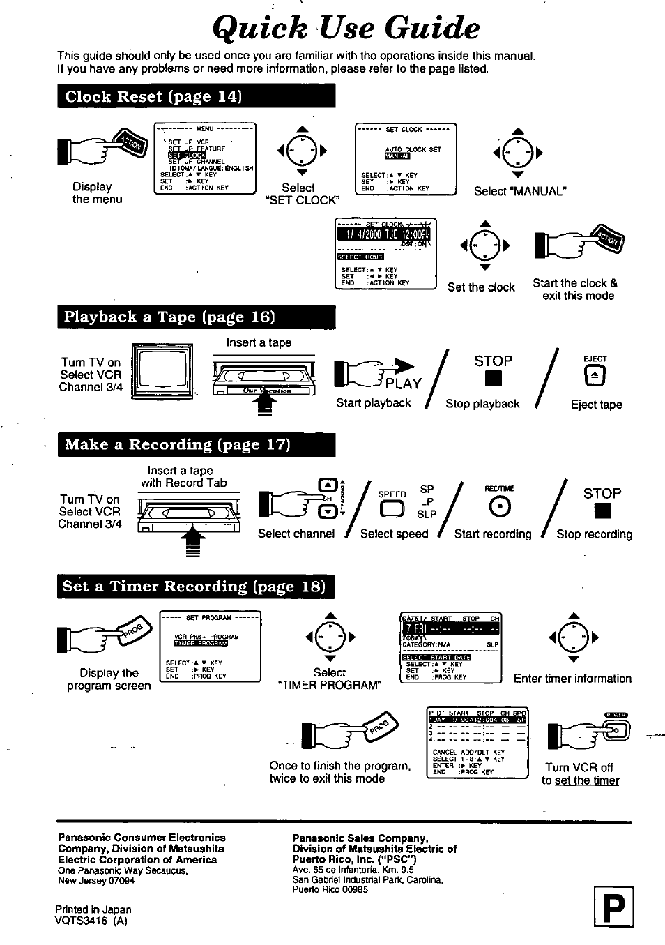 Quick use guide, Ô' 13, Tobu | Clock reset (page 14), Playback a tape (page 16), Make a recording (page 17), Set a timer recording (page 18) | Panasonic OMNIVISION PV-8661 User Manual | Page 40 / 40