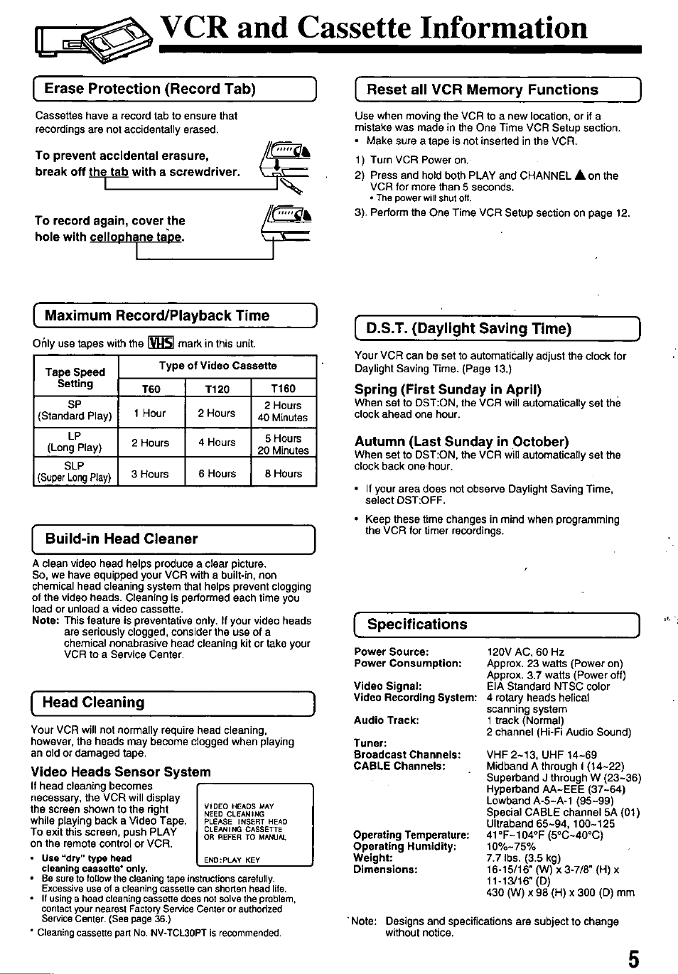 Erase protection (record tab), Reset all vcr memory functions, Maximum record/playback time | Build-in head cleaner, Head cleaning, D.s.t. (daylight saving time), Specifications, Auto daylight saving time, Head cleaner, Vcr and cassette information | Panasonic OMNIVISION PV-8661 User Manual | Page 5 / 40