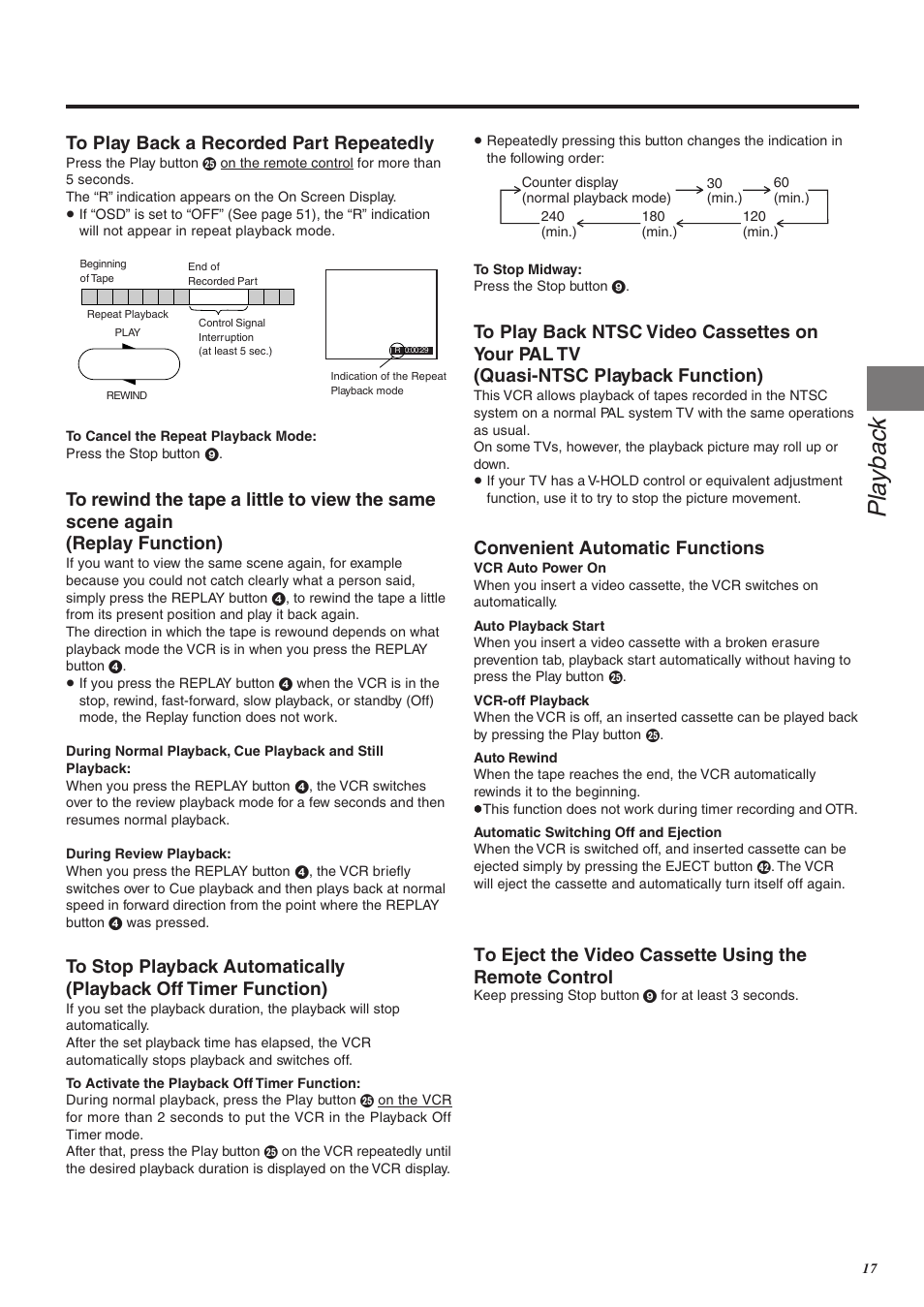 Pla ybac k, Convenient automatic functions | Panasonic NV-FJ760 User Manual | Page 17 / 62