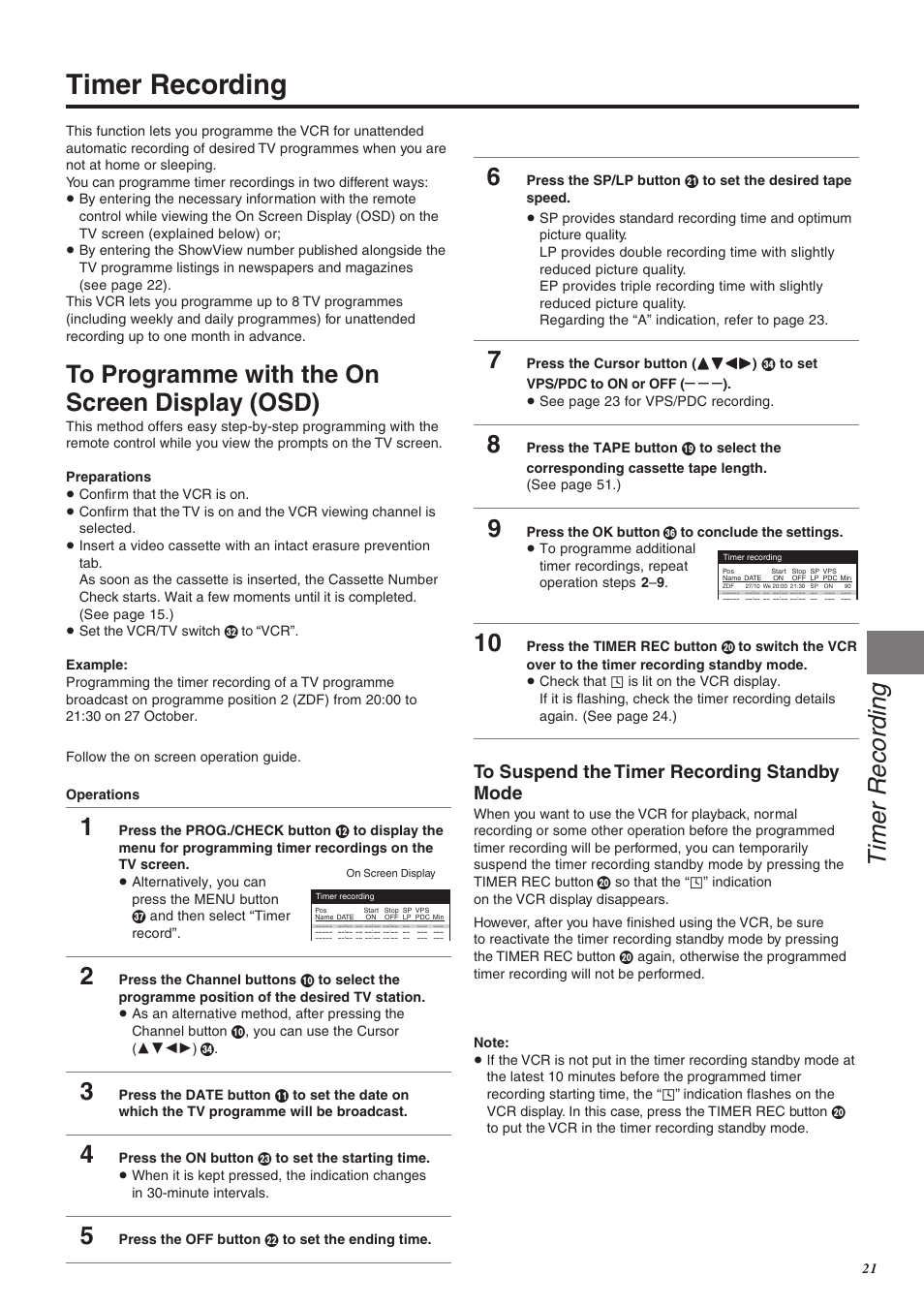 Timer recording, Press the off button f to set the ending time, See page 23 for vps/pdc recording | Panasonic NV-FJ760 User Manual | Page 21 / 62