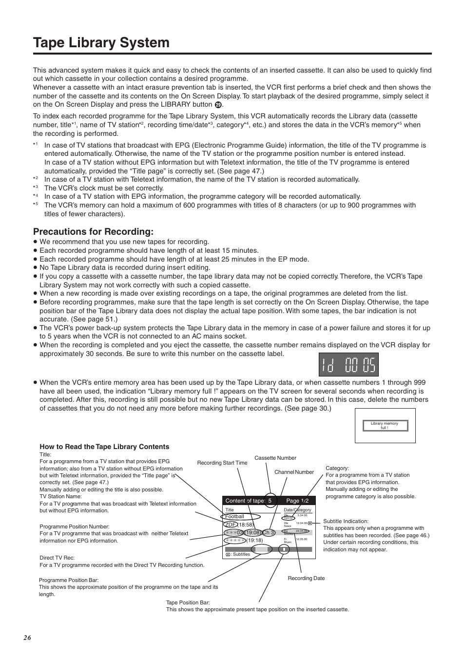 Tape library system, Precautions for recording | Panasonic NV-FJ760 User Manual | Page 26 / 62