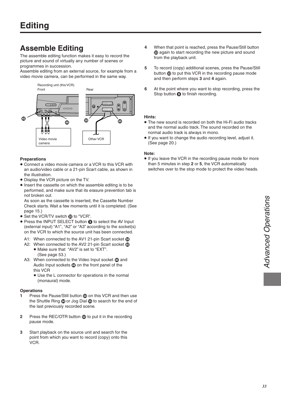 Editing, Adv anced operations, Assemble editing | Panasonic NV-FJ760 User Manual | Page 33 / 62