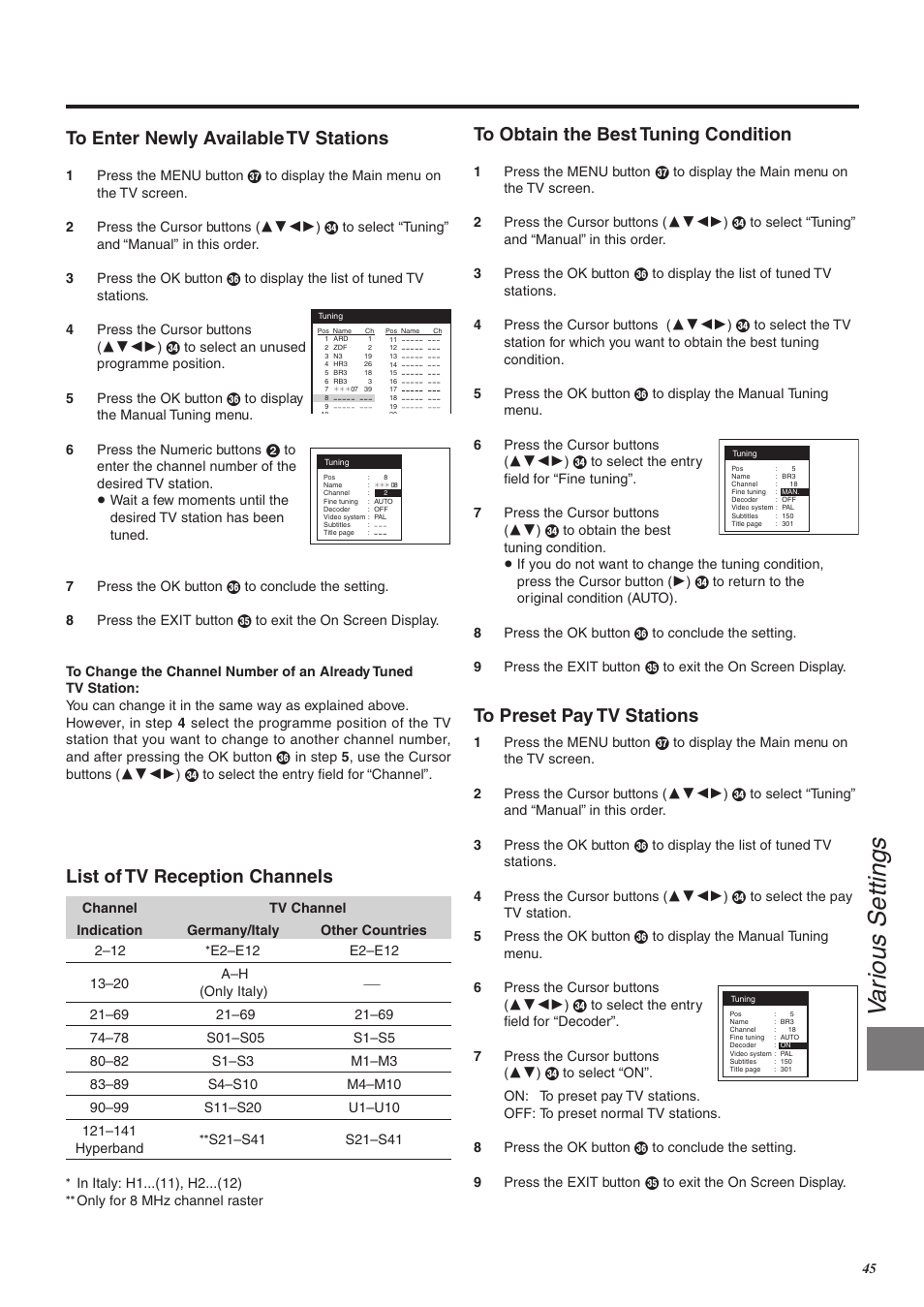 Va rious settings, List of tv reception channels | Panasonic NV-FJ760 User Manual | Page 45 / 62