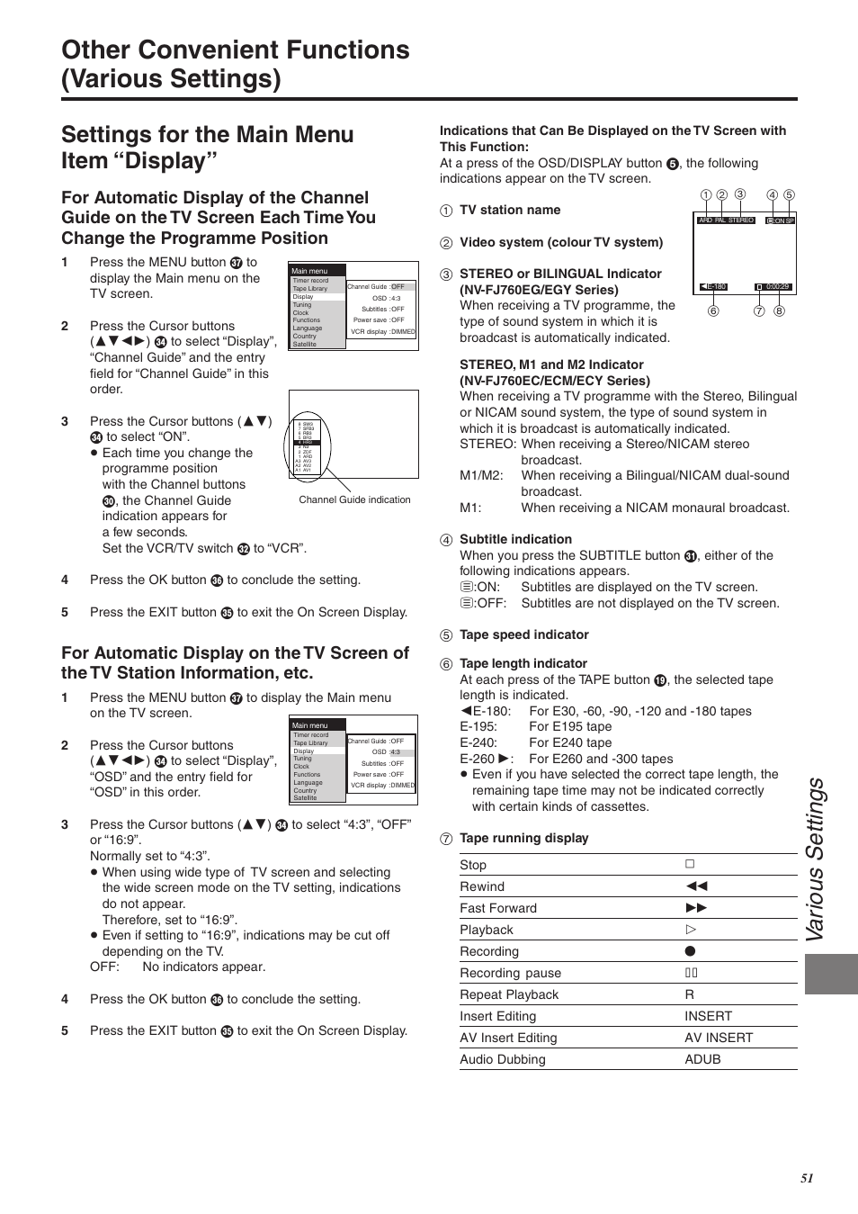 Other convenient functions (various settings), Va rious settings, Settings for the main menu item “display | Panasonic NV-FJ760 User Manual | Page 51 / 62