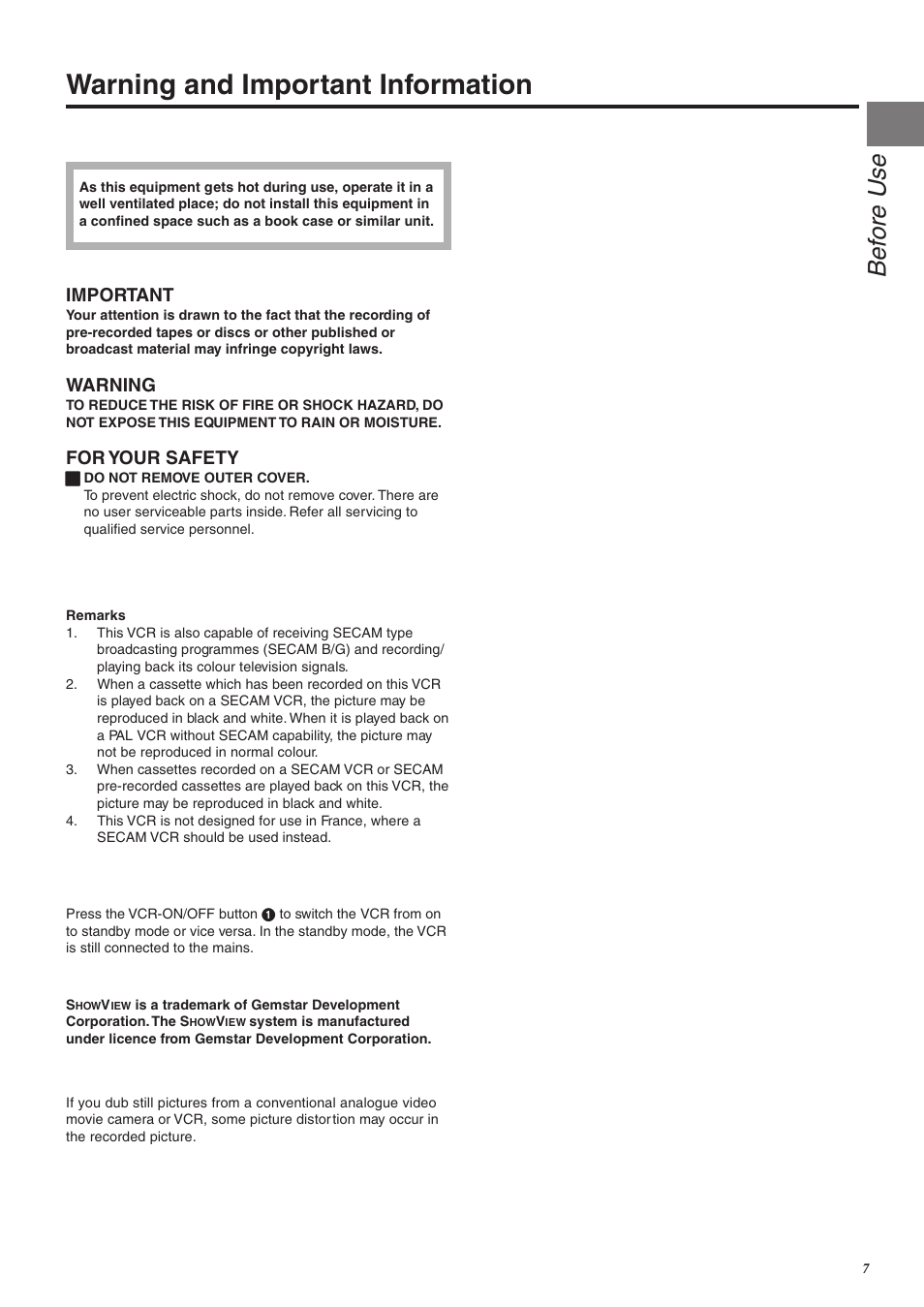 Warning and important information, Bef ore use, Important | Warning, For your safety | Panasonic NV-FJ760 User Manual | Page 7 / 62