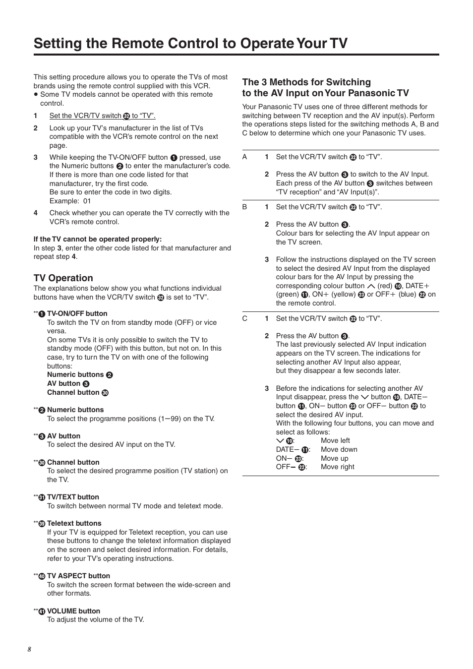 Setting the remote control to operate your tv, Tv operation | Panasonic NV-FJ760 User Manual | Page 8 / 62