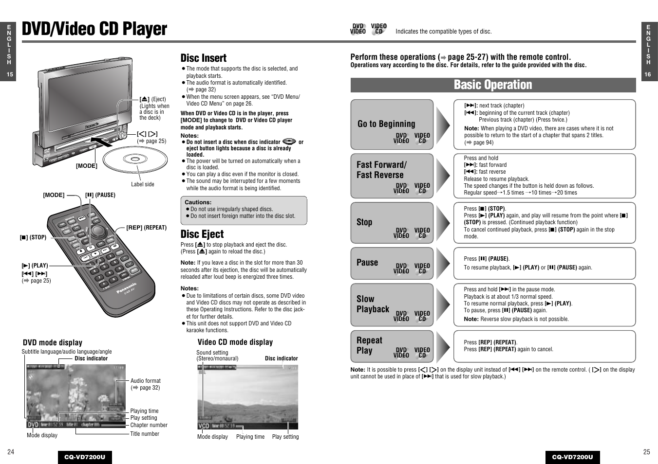Dvd/video cd player, Basic operation, Disc insert | Disc eject, Power, Navigation, Go to beginning fast forward/ fast reverse, Stop, Pause, Slow playback | Panasonic CQ-VD7200U User Manual | Page 11 / 47
