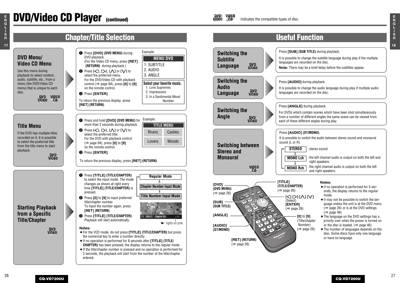 Dvd/video cd player, Useful function, Chapter/title selection | Switching between stereo and monaural, Dvd menu/ video cd menu | Panasonic CQ-VD7200U User Manual | Page 12 / 47