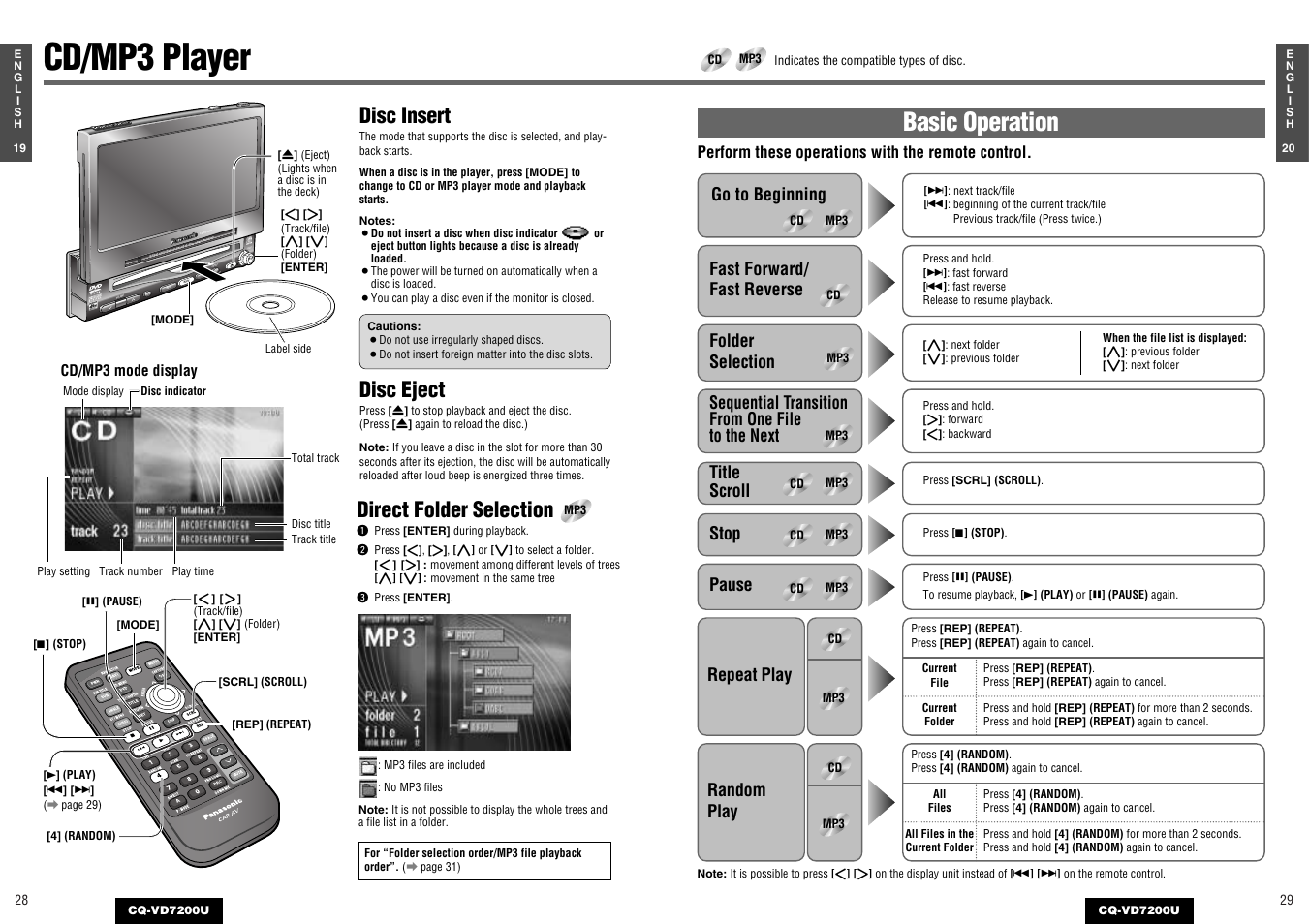 Cd/mp3 player, Basic operation, Disc insert | Disc eject, Direct folder selection, Power, Navig ation | Panasonic CQ-VD7200U User Manual | Page 13 / 47