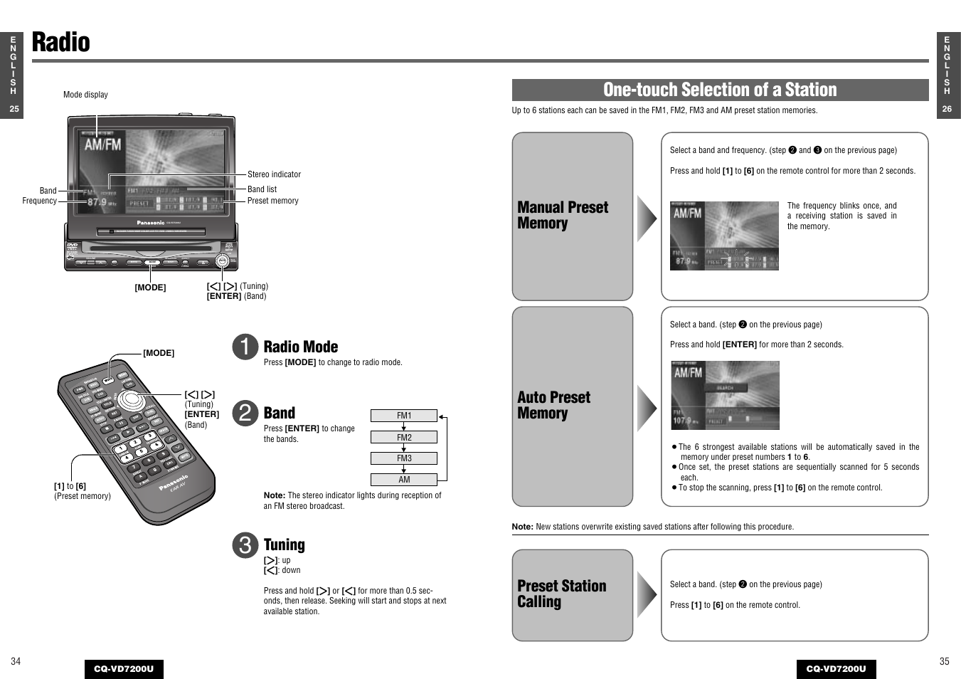 Radio, One-touch selection of a station, Preset station calling | Tuning, Radio mode, Band, Navigation aspect p·mode power, Disc track/ channel | Panasonic CQ-VD7200U User Manual | Page 16 / 47