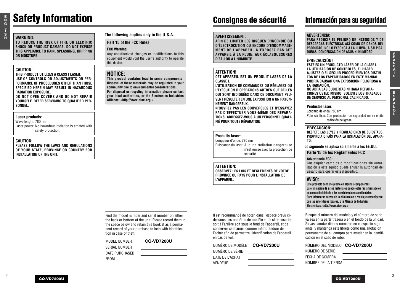Safety information | Panasonic CQ-VD7200U User Manual | Page 2 / 47