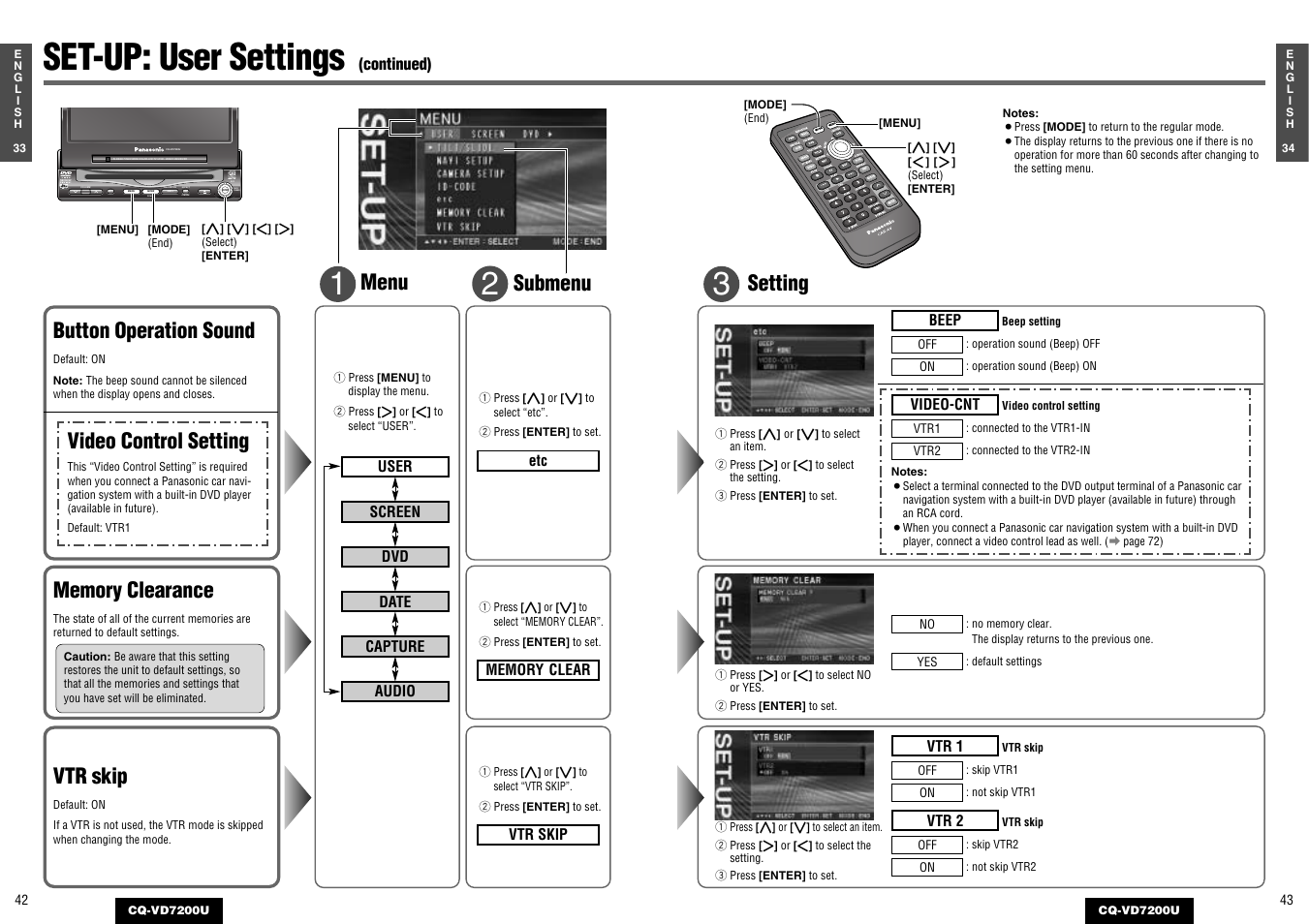 Set-up: user settings, Setting, Menu submenu | Button operation sound, Vtr skip, Video control setting | Panasonic CQ-VD7200U User Manual | Page 20 / 47