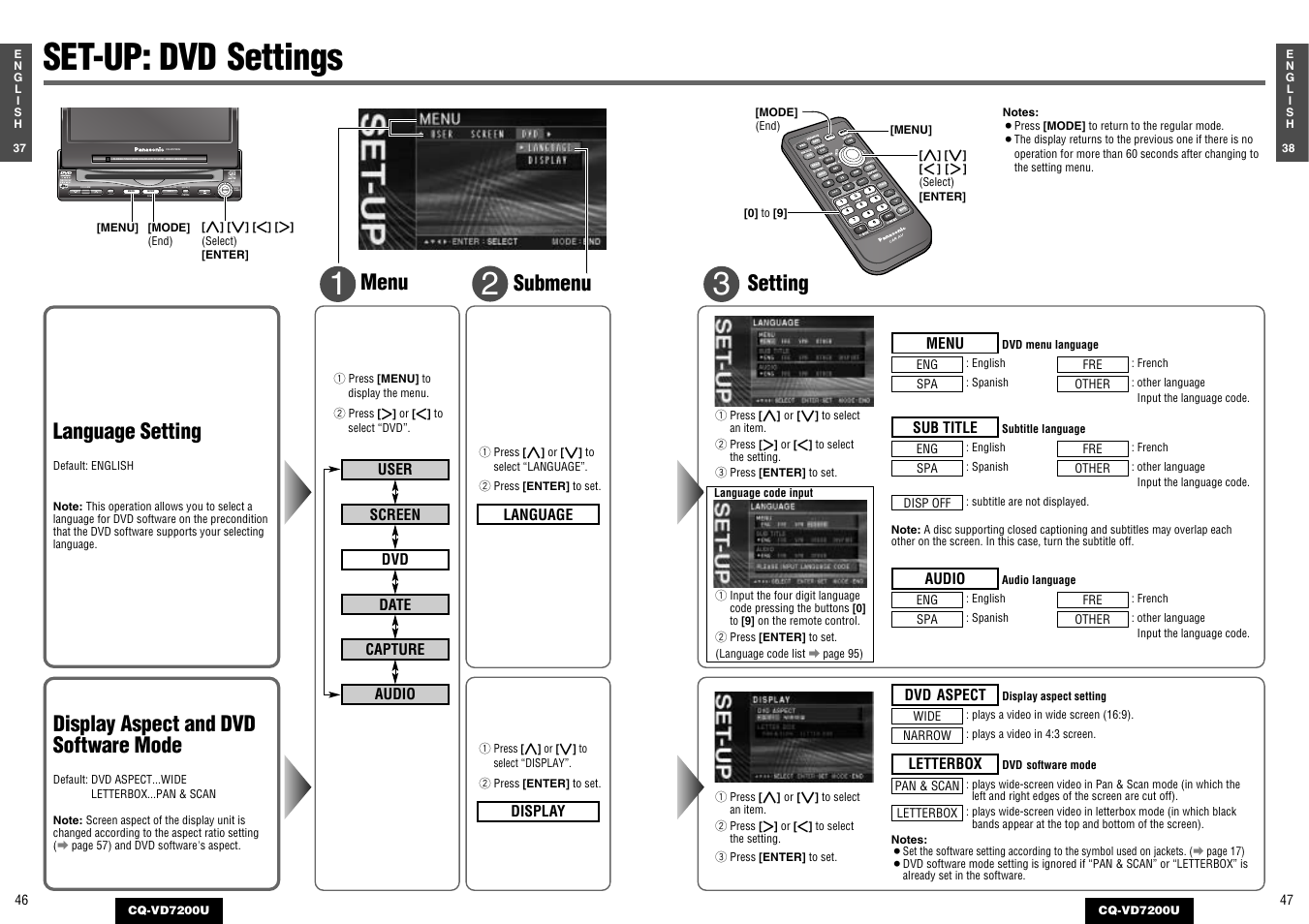 Dvd settings, Set-up: dvd settings, Setting | Language setting, Display aspect and dvd software mode, Menu submenu | Panasonic CQ-VD7200U User Manual | Page 22 / 47