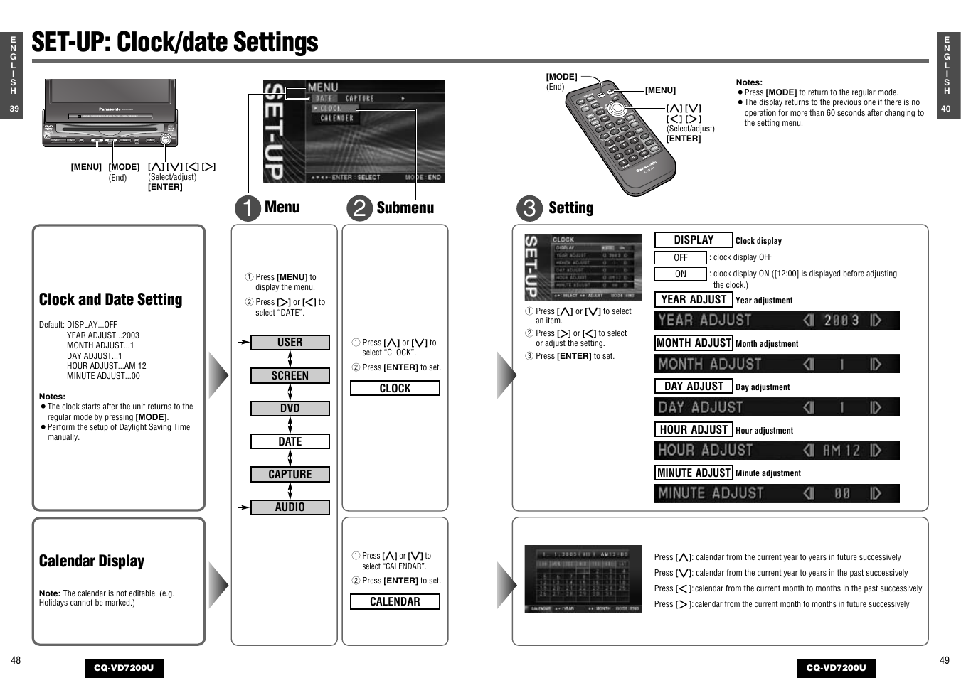 Clock/date settings, Set-up: clock/date settings, Setting | Clock and date setting, Calendar display, Menu submenu | Panasonic CQ-VD7200U User Manual | Page 23 / 47