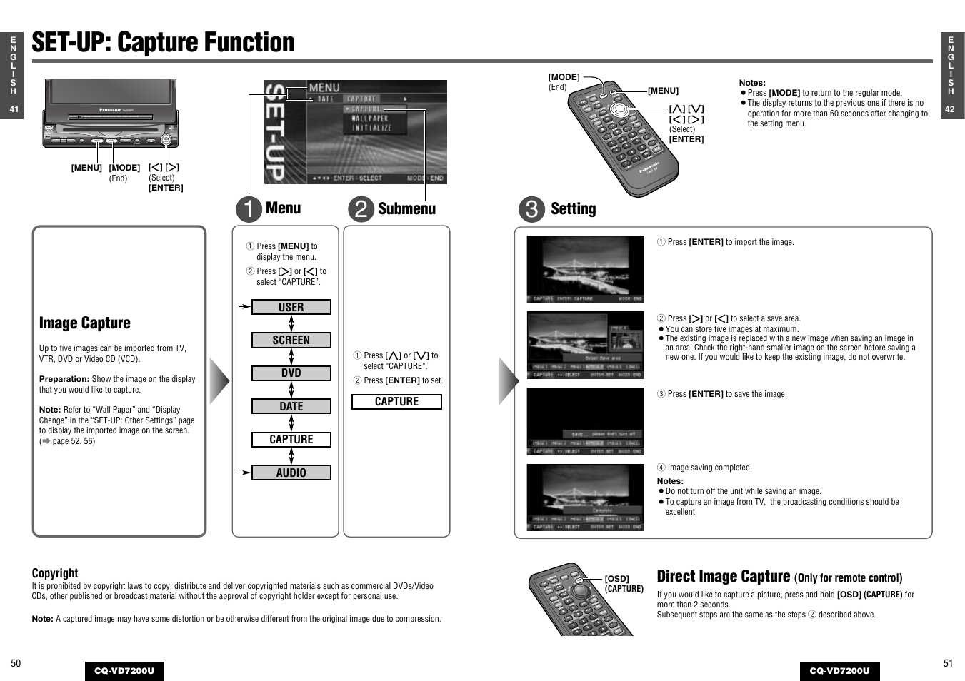Capture function, Set-up: capture function, Setting | Direct image capture, Image capture, Menu submenu | Panasonic CQ-VD7200U User Manual | Page 24 / 47