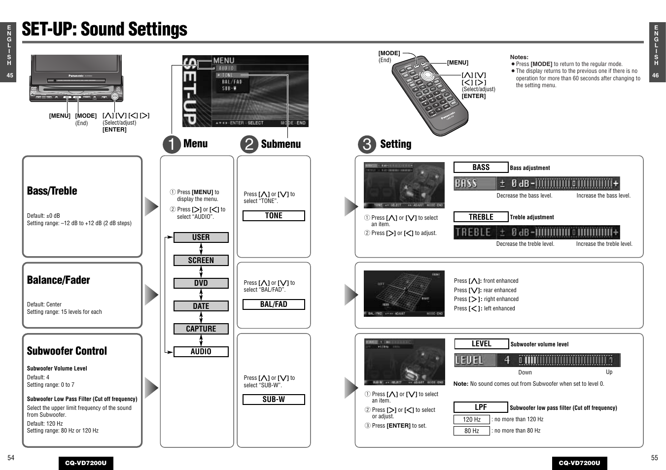 Sound settings, Set-up: sound settings, Setting | Menu submenu bass/treble, Balance/fader, Subwoofer control | Panasonic CQ-VD7200U User Manual | Page 26 / 47