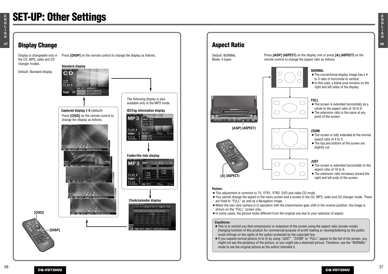 Other settings, Set-up: other settings, Aspect ratio | Display change | Panasonic CQ-VD7200U User Manual | Page 27 / 47