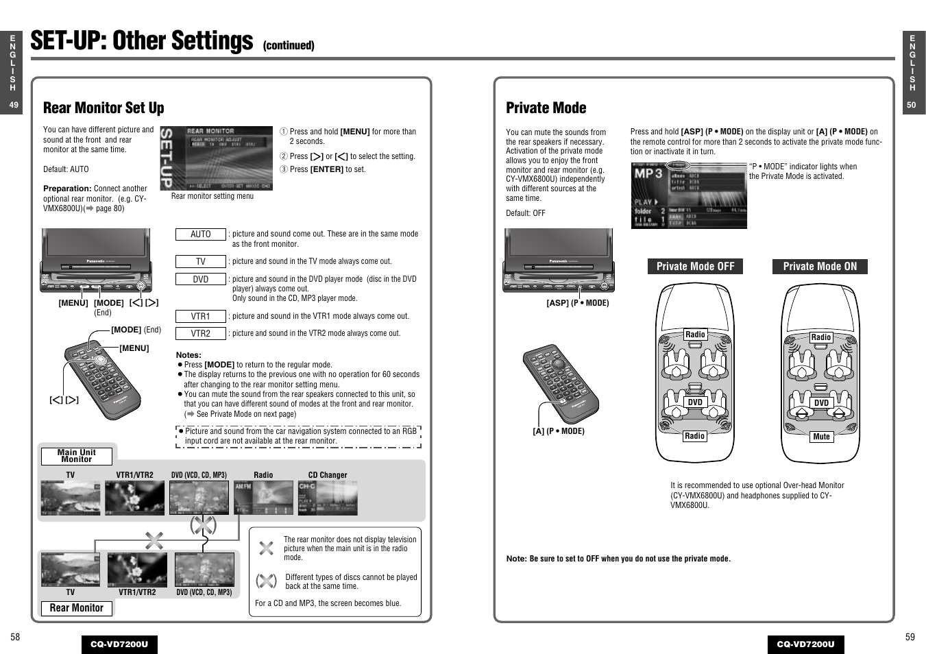 Set-up: other settings, Private mode, Rear monitor set up | Panasonic CQ-VD7200U User Manual | Page 28 / 47