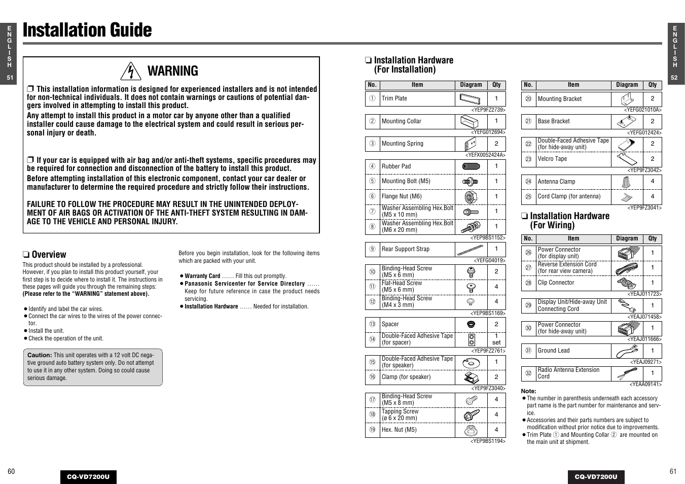 Installation guide, Warning, Overview | Installation hardware (for installation), Installation hardware (for, Wiring | Panasonic CQ-VD7200U User Manual | Page 29 / 47
