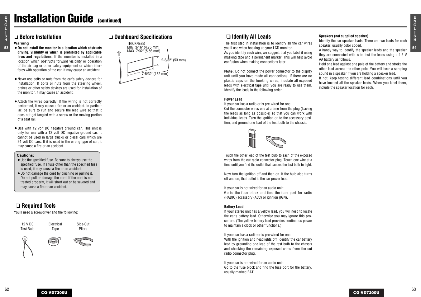 Installation guide, Before installation, Required tools | Dashboard specifications | Panasonic CQ-VD7200U User Manual | Page 30 / 47