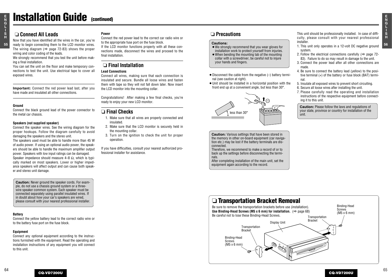 Installation guide, Transportation bracket removal, Connect all leads | Panasonic CQ-VD7200U User Manual | Page 31 / 47