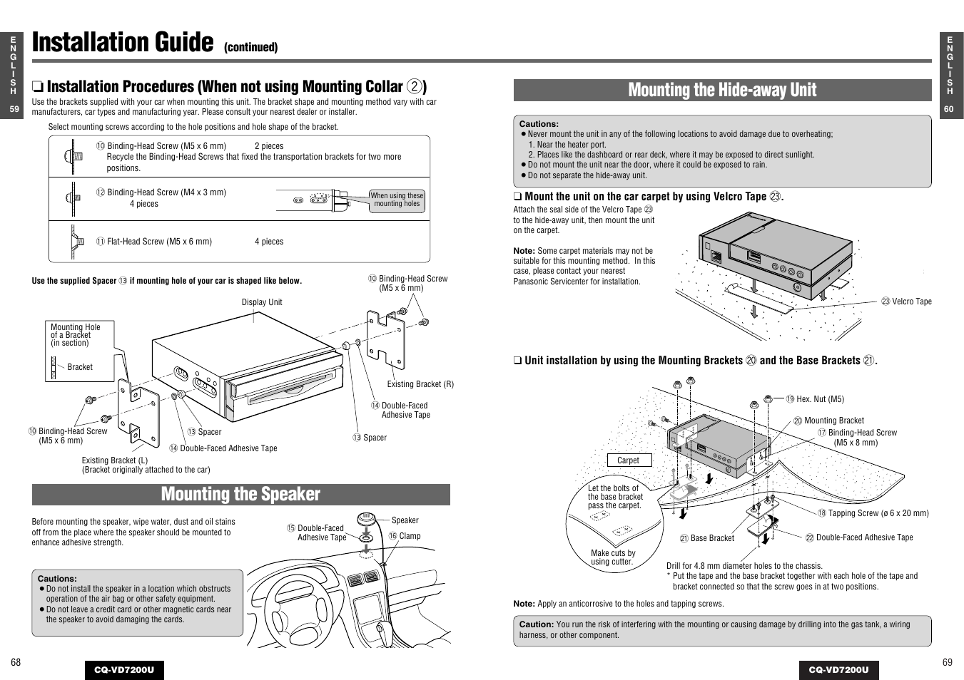 Installation guide, Mounting the hide-away unit, Mounting the speaker | Panasonic CQ-VD7200U User Manual | Page 33 / 47