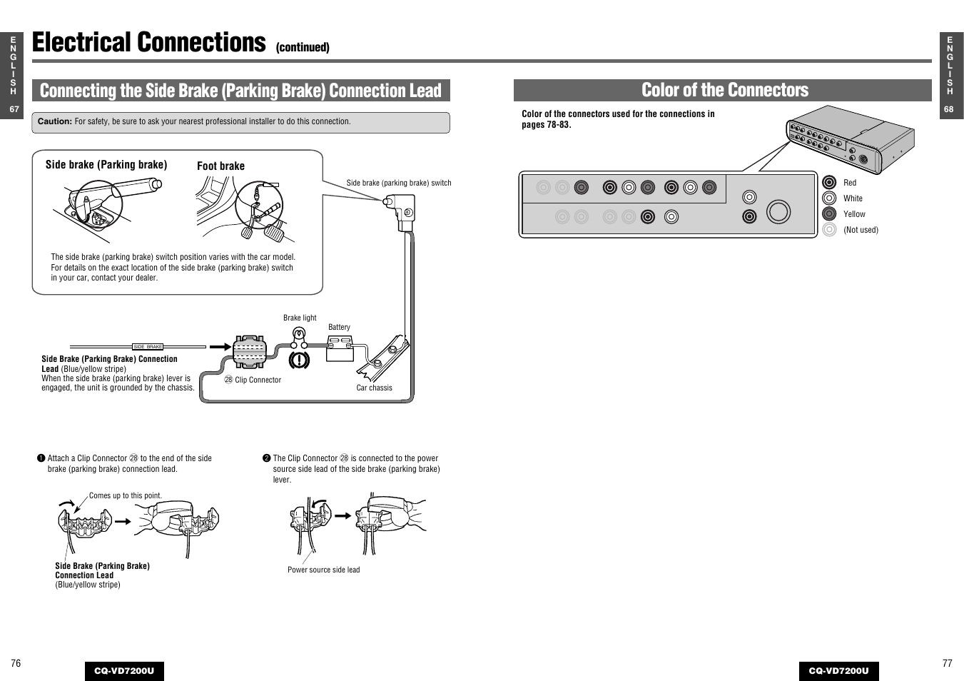 Electrical connections, Color of the connectors | Panasonic CQ-VD7200U User Manual | Page 37 / 47