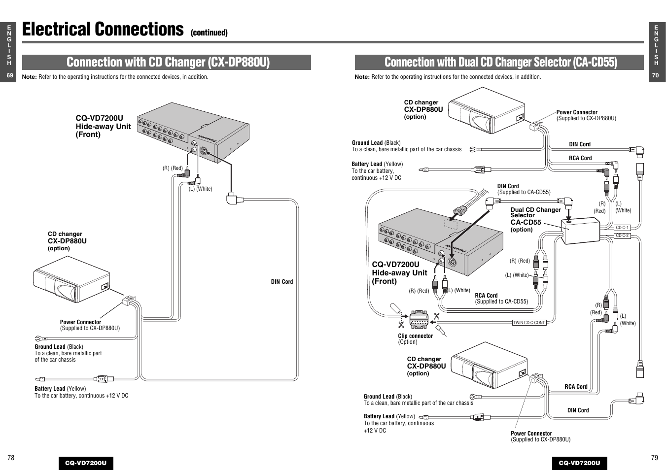 Electrical connections, Connection with dual cd changer selector (ca-cd55), Connection with cd changer (cx-dp880u) | Panasonic CQ-VD7200U User Manual | Page 38 / 47